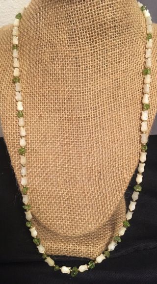 Vintage Mother Of Pearl Carved Tulip Flower & Green Beaded Necklace