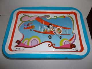Vibrant Vintage Mickey Mouse Airplane Pilot Metal Lap Lunch Tray Folding Legs