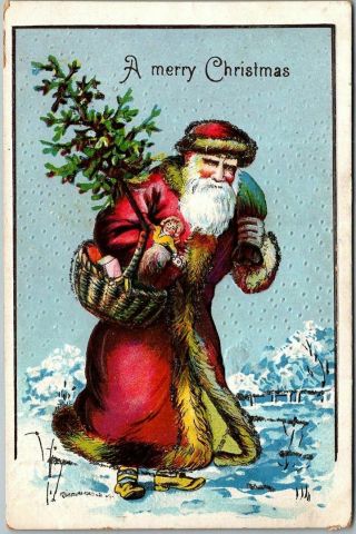 Vintage Christmas Embossed Postcard Santa Claus In Red Robe / Tree & Toys 1908