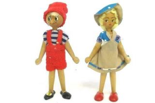 Set Of 2 Vintage Girl & Boy Wooden Peg Dolls Hand - Painted Dressed Blonde Folk 7 "