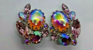 Vintage Signed Sherman Hot Pink & Ab Pink Clip On Earrings