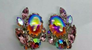VINTAGE SIGNED SHERMAN HOT PINK & AB PINK CLIP ON EARRINGS 2