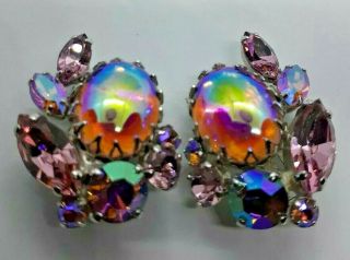 VINTAGE SIGNED SHERMAN HOT PINK & AB PINK CLIP ON EARRINGS 3