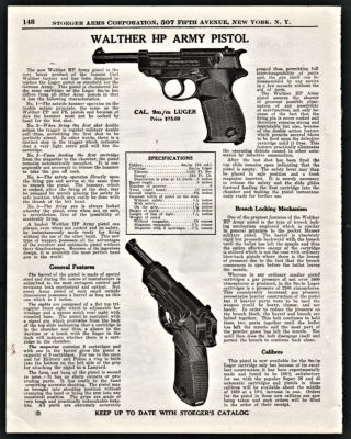 1940 Walther Hp Army 9mm Luger Pistol Print Ad Shown W/specs & Price