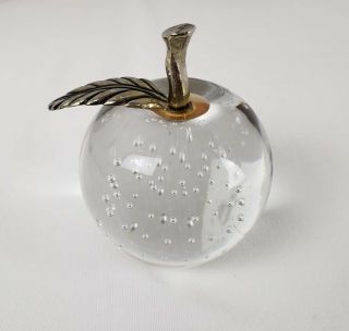 Vintage Clear Glass Apple Paperweight Brass Stem Bubbles Writer Teacher Gift