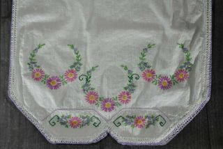 Vintage Linen Table Runner Dresser Scarf White With Purple & Pink Flowers
