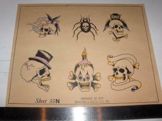 Spaulding And Rogers 1976 Color Spider Skulls 55n Tattoo Flash Sheet Vintage ?