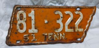 1951 Tennessee License Plate Tag Tenn Tn Rare State Shaped