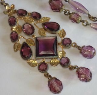 Antique Art Deco Gilt Brass Amethyst Purple Czech Glass Pendant Necklace