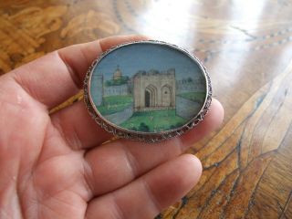 Antique Victorian Indian Hand Painted Miniature Silver Brooch