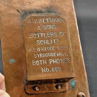Antique Match Holder Advertising Schlitz Beer Copper A.  V.  Altmann Syracuse Ny