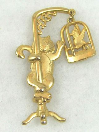Vintage Jj Jonette Cat & Bird In Birdcage Gold Tone Brooch Pin