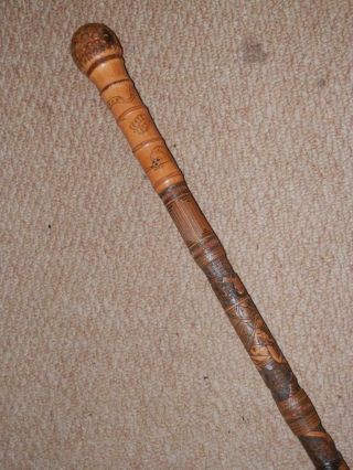 Antique Bamboo Walking Stick With Hand - Carved Japanese Samurai Warrior Shaft