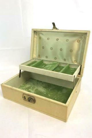 Vintage Wooden Jewelry Hinged Box Drawer Organizer Green Velvet