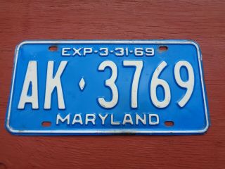 Vintage Maryland Md License Plate Ak 3769 1968 1969 Tag