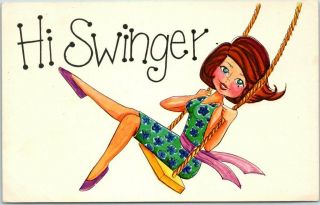 Vintage Risqué Comic Postcard Redhead Lady On Swing " Hi Swinger " C1960s