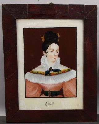 19thc Antique Folk Art Reverse Painted Glass,  Young Woman Portrait Painting