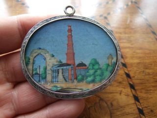 Antique Victorian Indian Hand Painted Miniature Silver Pendant