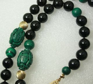 Vintage 14 K Gold Filled Natural Black Onyx Carved Malachite Knotted Necklace