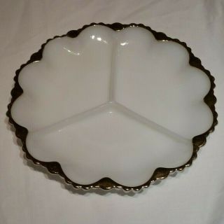 Vintage 10 " Milk Glass Divided 3 Section Plate/dish - Gold Trim - Scalloped Edge