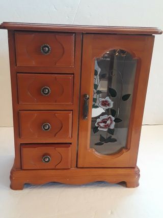 Vintage Wooden Jewelry Organizer Hand - Painted Floral Glass Door,  4 Drawers