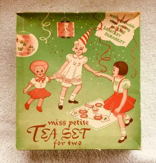 Vintage 1950s Tin Litho Ohio Art 9 Piece Tea Set For 2,  Box,