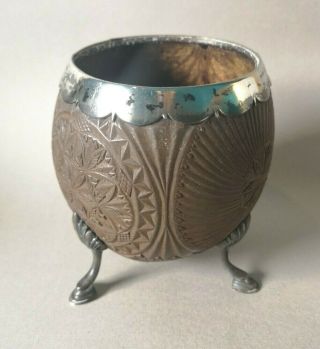 FINE ANTIQUE 18/19C GEORGIAN SILVER MOUNTED SAILOR CHIP CARVED COCONUT CUP TREEN 2
