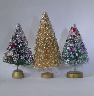 3 Vintage Mini Gold & Green Bottle Brush Xmas Trees W/colored Bulbs Sequin Japan