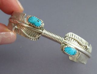 Vintage Old Pawn Sterling Navajo B Mae Bia Kingman Turquoise Feather Bracelet