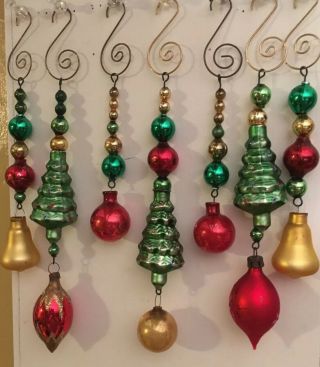 Vintage Mercury Glass Red/gold/green Christmas Tree Dangle Ornaments,  Set Of 7
