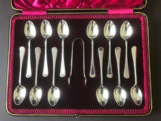 Cased Set Of 12 Edwardian Silver Teaspoons,  Tongs,  J Rodgers,  Sheffield,  1903