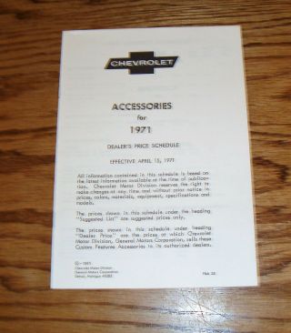 1971 Chevrolet Car & Truck Accessories Price List Brochure 71 Chevy