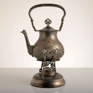 Antique Silver Plated Tea Kettle On Stand With Burner - Amsterdam Silver Co