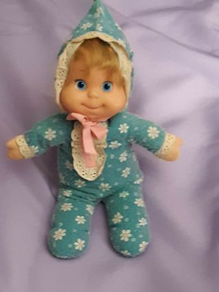 Vintage 1970 Mattel 11” Pull String Talking Baby Beans Doll - Blue/flowers -