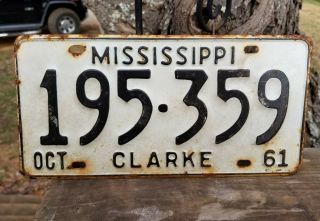 Vintage 1961 Mississippi Clarke County License Plate 195▪359