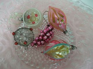 5 Vtg.  Mid Century Christmas Glass Ornament Petite,  Pink,  Wire,  Mercury,  Indent,  Look