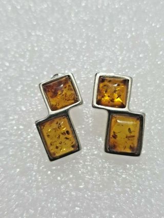 Gorgeous Sparkling Vintage Baltic Amber Stud Earrings 925 Solid Silver Amber