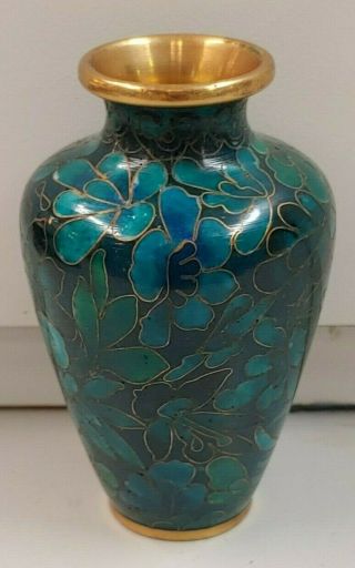 3 " Vintage Mini Asian Turquoise / Green Cloisonne Floral Jingfa Vase