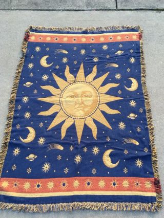 Vintage Reversible Celestial Sun And Moon Throw Blanket Two - Sided Blue Yellow