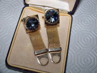 Mens Vintage Jewellery Blue Crystal Gold Metal Mesh Wrap Around Shirt Cufflinks