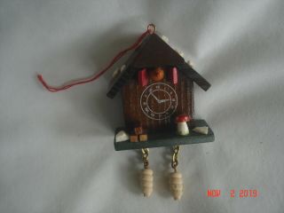 Vtg.  Wood Cuckoo Clock Xmas Ornament Black Forest Style With Rocks On The Roof