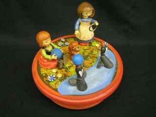 Vintage Anri Music Box Thorens Swiss " Send In The Clowns " Carved Wood Meadow