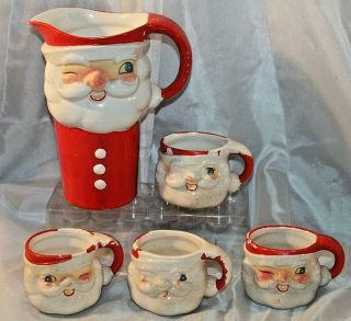 Vintage 1960 Holt - Howard Ceramic Japan Winking Santa Claus Pitcher & 4 Cups/mugs
