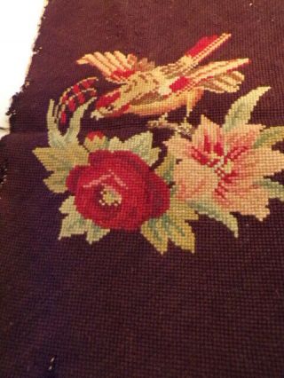VINTAGE NEEDLEPOINT PIECE BROWN WITH BIRD AND FLOWERS 9.  5 X 11 2