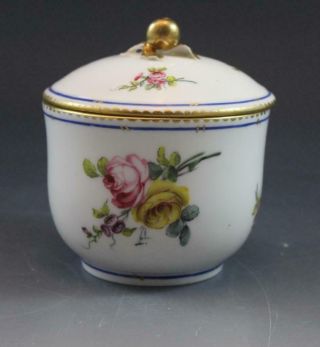 19c French Sevres Porcelain Round Covered Dresser Box Hand Painted Flowers