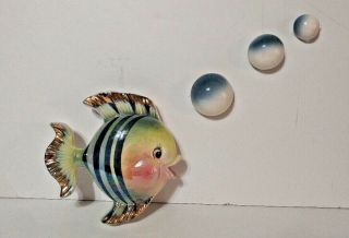 Vintage Ceramic Fish Wall Pocket Vase Bathroom Decor Irredescent With 3 Bubbles