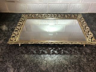 Vintage Gold Metal Ornate Vanity Mirror Tray Dresser Bathroom Filigree Victorian