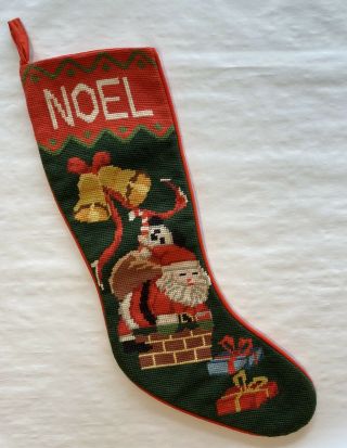 Vintage Needlepoint Christmas Stocking Santa Claus Down Chimney W Presents Noel