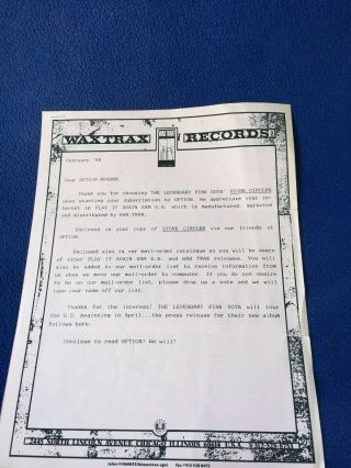 Wax Trax Records Vintage Promo Letter Stone Circles The Legendary Pink Dots Tour