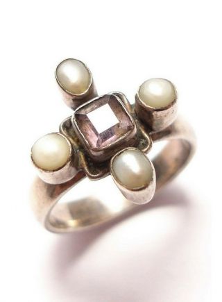 Vintage Or Modern Silver Pearl And Amethyst Ring Af